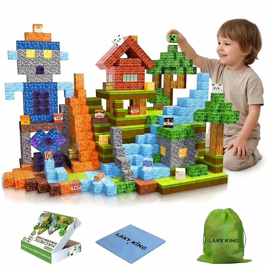 100 PCs Magnetic Building Block Set – Forest adventure pixel-world blocks with animal characters, waterfall and castle build. Safe ABS plastic, ages 3+.