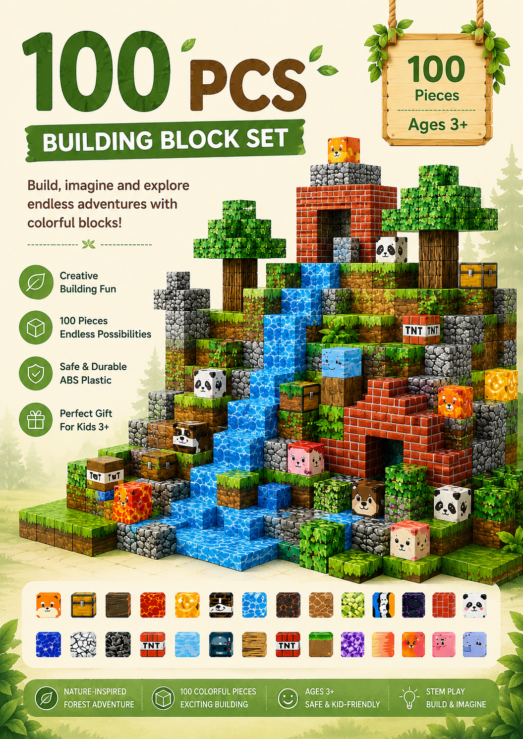 100 PCs Magnetic Building Block Set – Forest adventure pixel-world blocks with animal characters, waterfall and castle build. Safe ABS plastic, ages 3+.